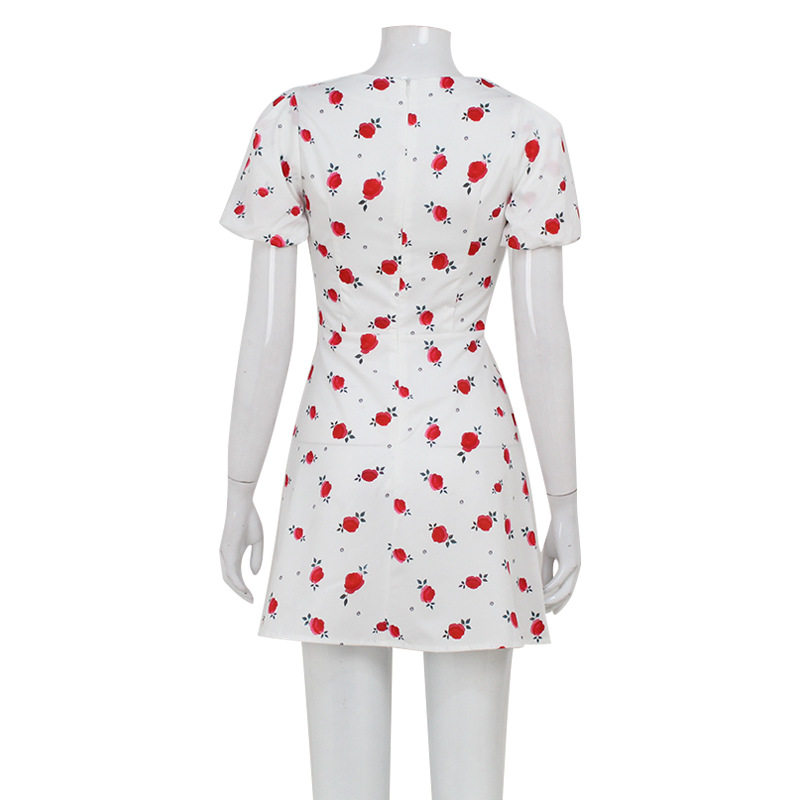 Floral Mini Dress Sweet Puff Sleeves High Waist Slim Fit Summer Casual Wear Wholesale Available
