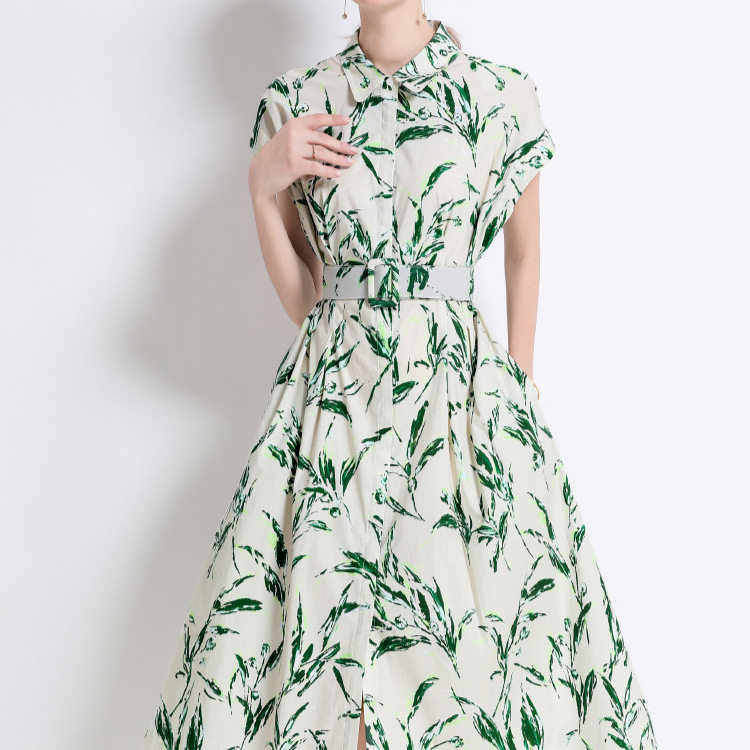 French Vintage Bamboo Leaf Print Shirt Dress Single Breasted Waist Defining A Line Silhouette Summer Casual Wear
