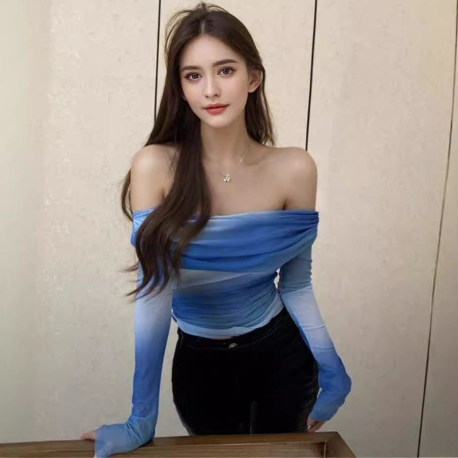 Off Shoulder Long Sleeve T Shirt Blue Floral Print Slim Fit Autumn Fashion Wholesale Available