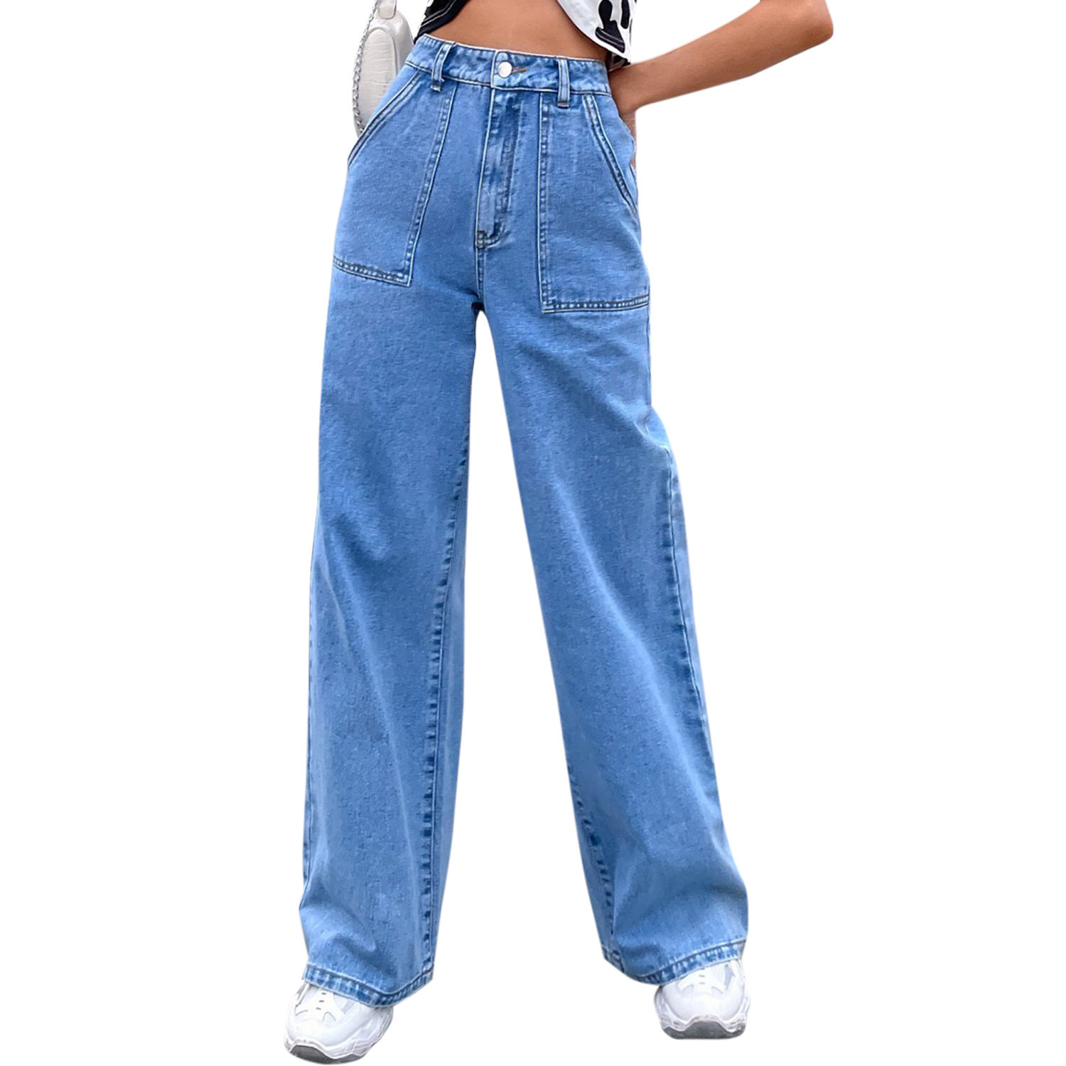 High Waisted Straight Leg Jeans Large Pockets Casual Style Comfortable Fit Perfect for Everyday Wear Wholesale
