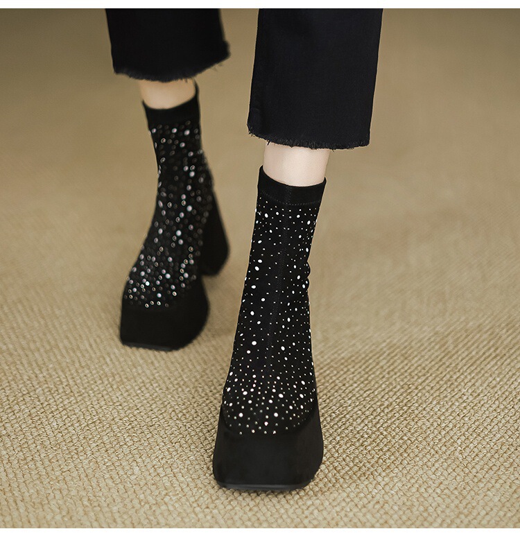Boot nữ cổ thấp gót siêu cao 11cm đế xuồng đính đá pha lê — Lớp lót đơn màu be, Lớp lót đơn màu đen, Lót nhung đen, Lót nhung màu be