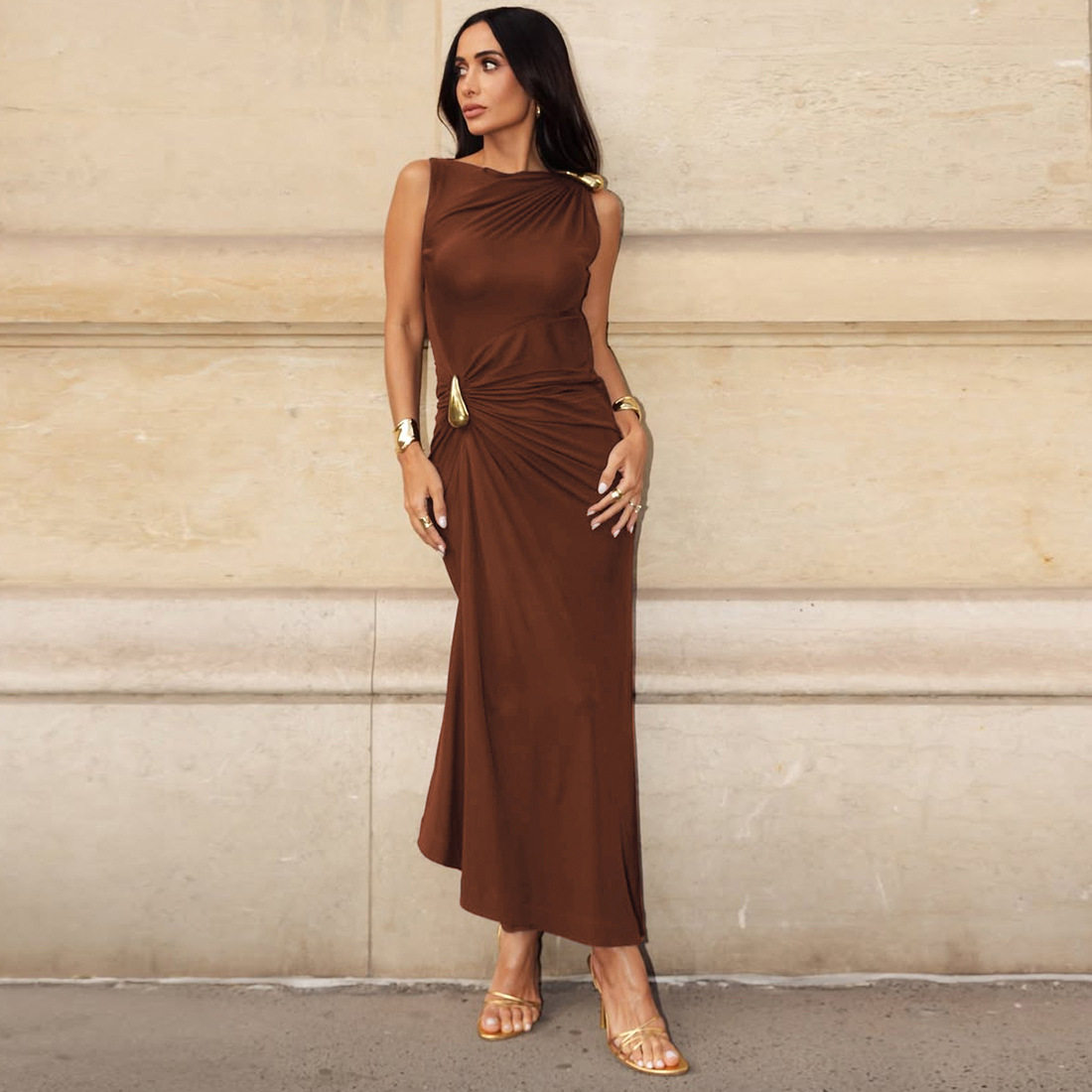 Sleeveless Bodycon Dress Solid Color Metallic Accents Side Slit Autumn Fashion for Women Wholesale Available