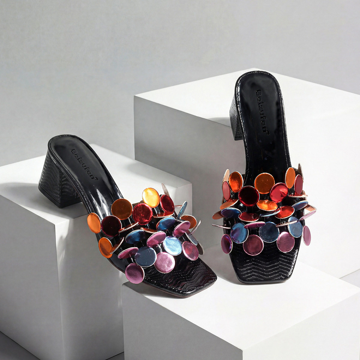 square toe thick heel open toe slippers for women comfortable flower one-line sandals
