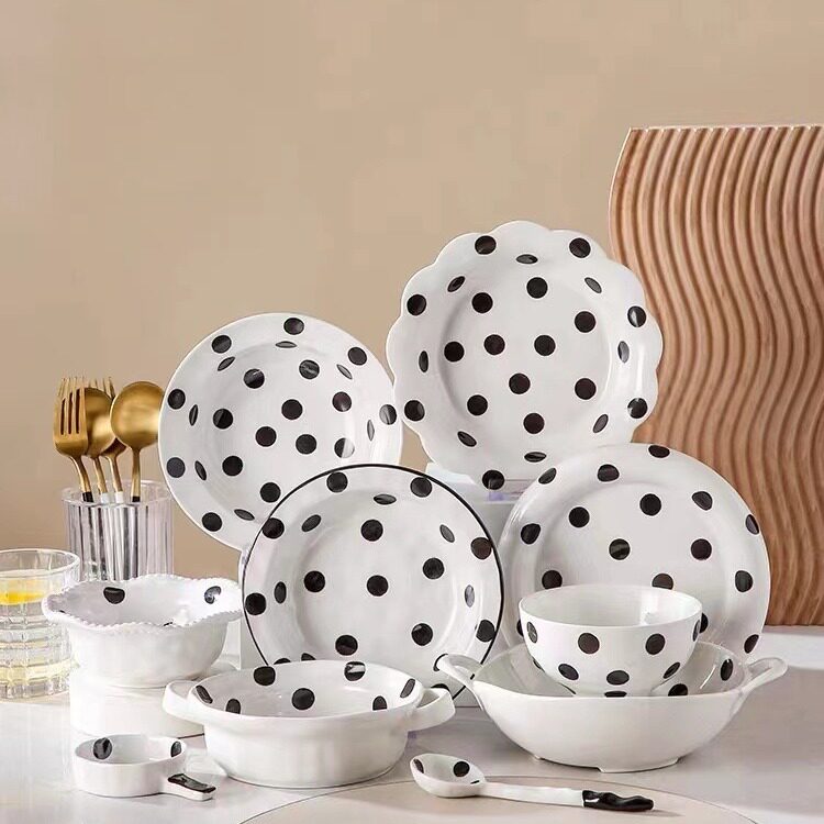 French Retro Polka Dot Underglaze Color Ceramic Tableware Hand Kneading Irregular Art Cake Plate Binaural Baking Plate Salad Bowl