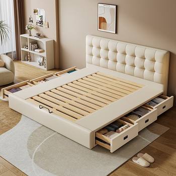 Modern Simple Leather High Box Master Bedroom Double Bed Small Apartment Drawer Wooden Bed Multi-Functional Soft Bag Air Pressure Storage Bed