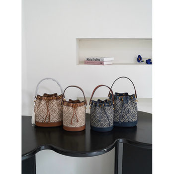 Tb New Monogram Jacquard Embroider Canvas Fortune Bucket Bag Wine Barrel Bag Satchel Shoulder Crossbody Women's Bag