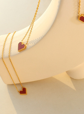 法式ins风镀金包围红色桃心名媛百搭钛钢锁骨级女式项链不掉色