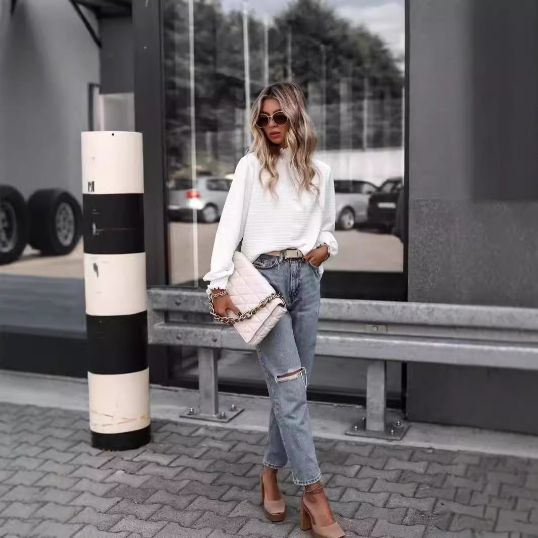 2024欧美外贸亚马逊独立站跨境新款秋冬女装高领长袖百搭街拍上衣