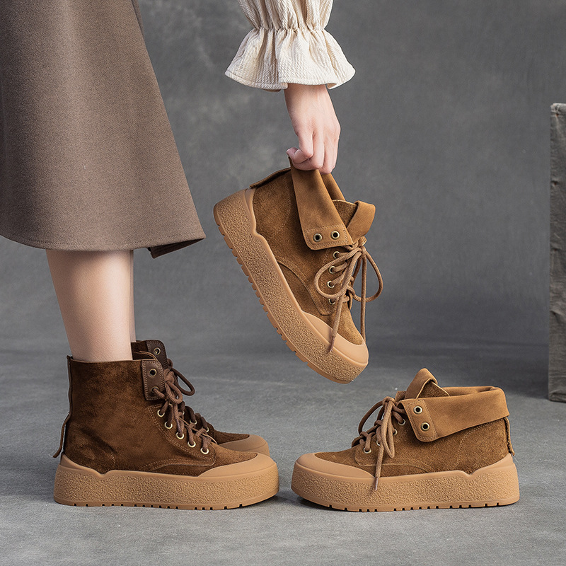 Giày Boot Cổ Thấp Nữ Chất Liệu Da Bò Hàng Mùa Xuân Thu Đông Phong Cách Hàn Quốc