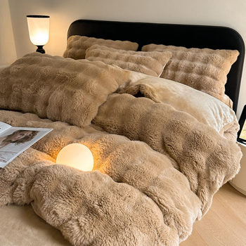Winter Light Luxury Style Rabbit Plush Four-Piece Set Thickened Solid Color Naked Sleeping Rex Rabbit Baby Velvet Duvet Cover Bed Sheet Three-Piece Set