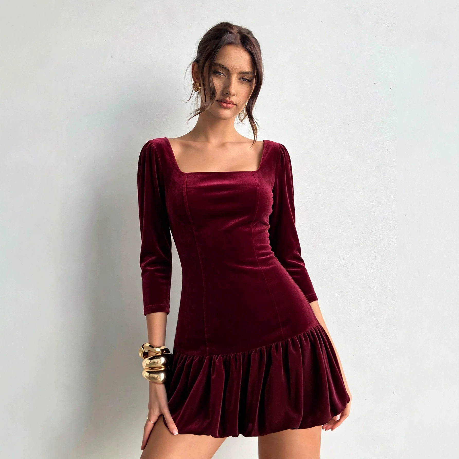 Vintage Wine Red Velvet Dress for Women Flattering A Line Silhouette Ruffled Hem Waist Defining Autumn Winter