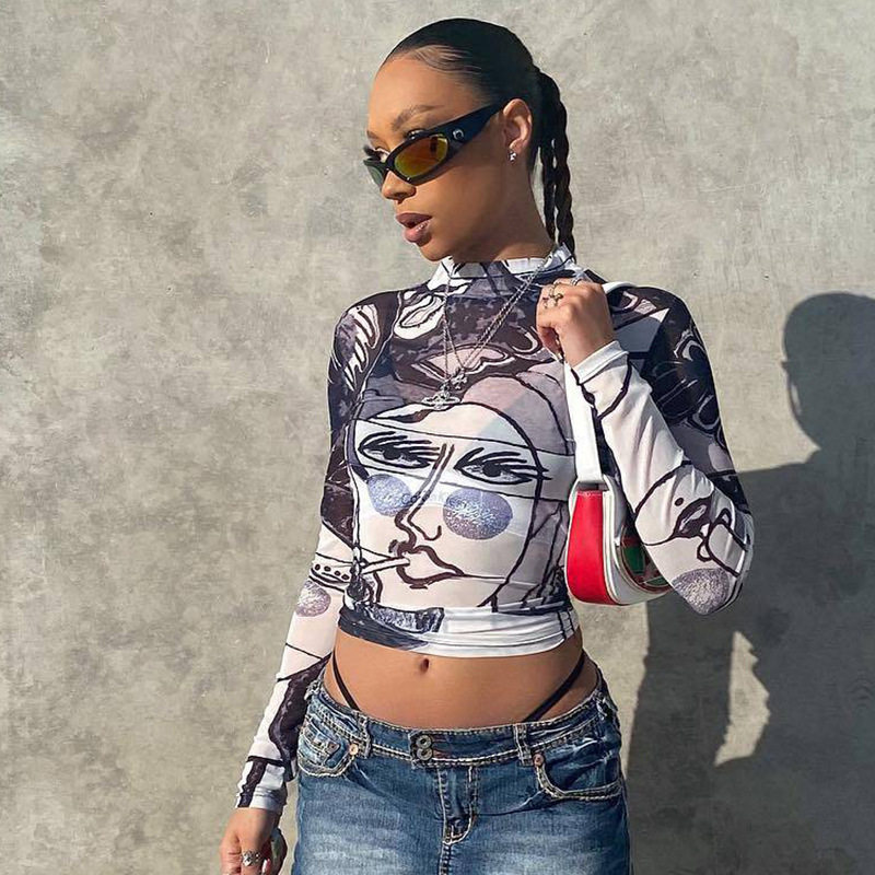 Womens High Waisted Cropped T Shirt Sexy Sheer Mesh Round Neck Long Sleeve Face Print Casual Wear Wholesale