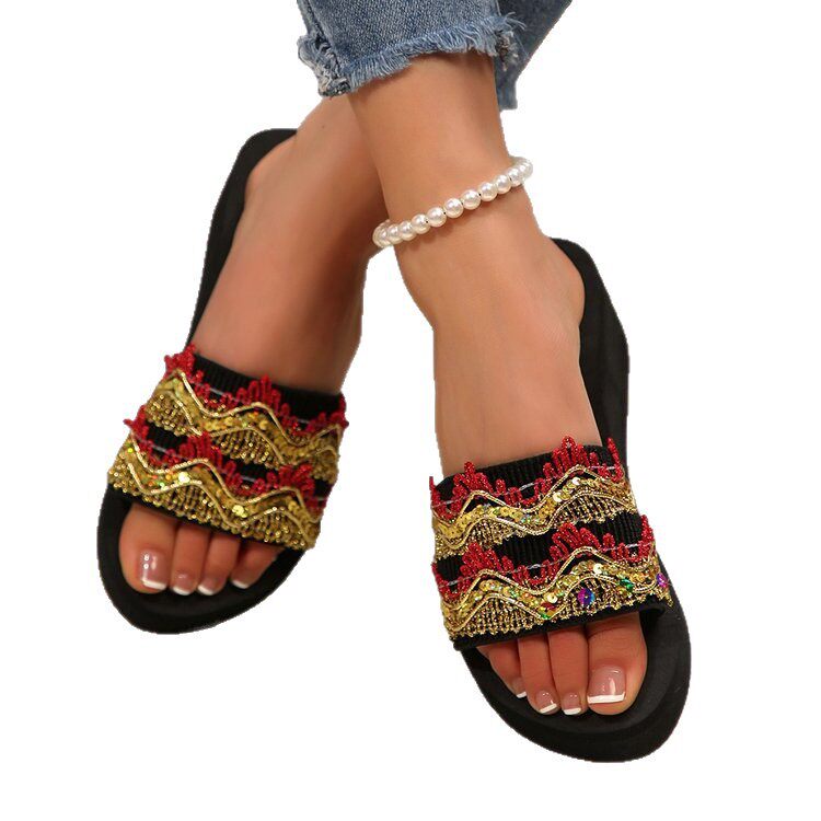 Cross-Border Large Size Export Slippers Women's Shoes 2025 Summer Outer Wear Non-Slip Thick-Soled Wedge Heel Ethnic Style Beach Sandals