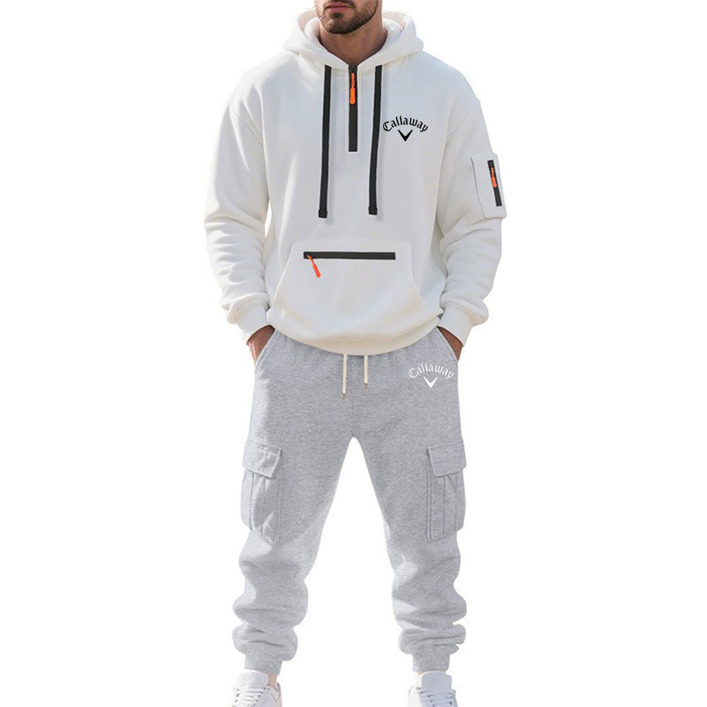 2025跨境男装亚马逊冬季加绒男士休闲套装宽松运动多口袋工装套装