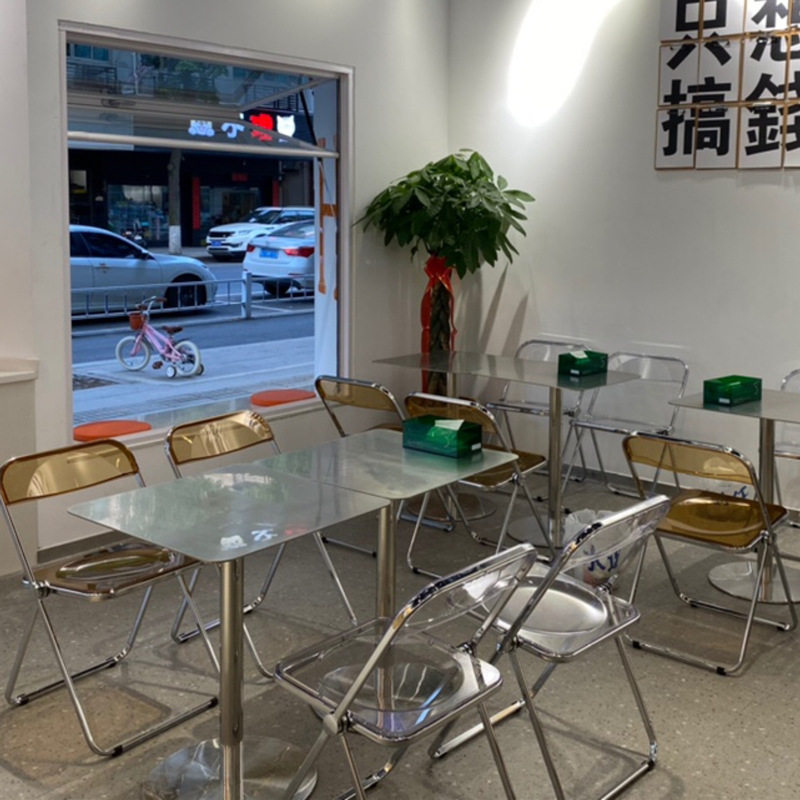 工业风不锈钢圆桌咖啡厅亚克力ins网红椅子奶茶店商用餐桌椅组合