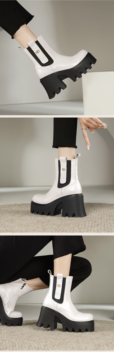 Boot Chelsea nữ gót thô đế dày tăng chiều cao — đen, Màu trắng nhạt