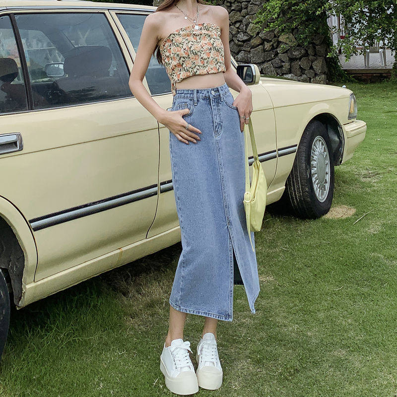 Light Wash Denim Midi Skirt for Women High Waist A Line Split Design Summer Casual Wear Wholesale Available