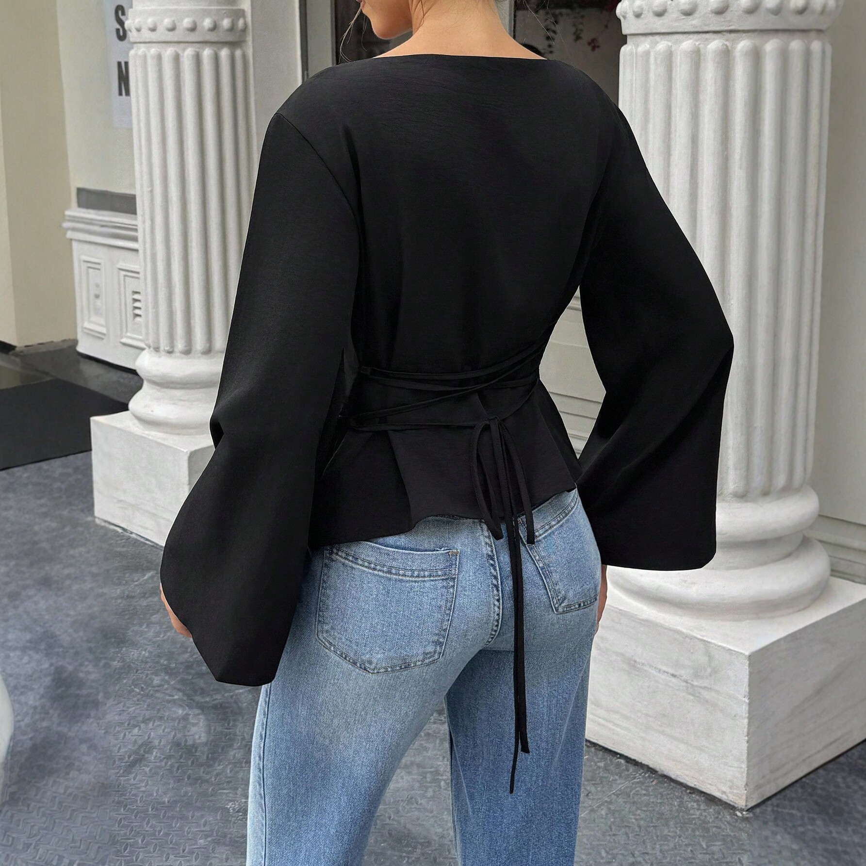Womens Flared Sleeve T Shirt Back Tie Design Slim Fit Elegant Style Perfect for Casual Outings Wholesale Available