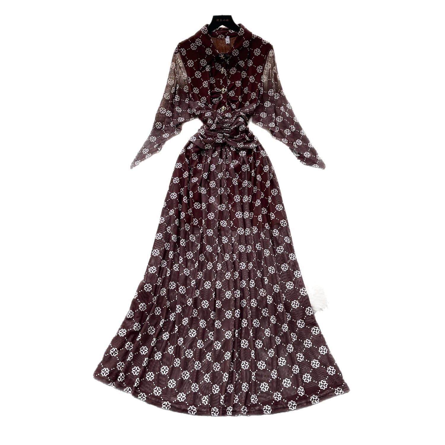 Vintage Polka Dot Maxi Dress for Women Red High Waisted Belted Slim Fit Floral Print Elegant Summer Style