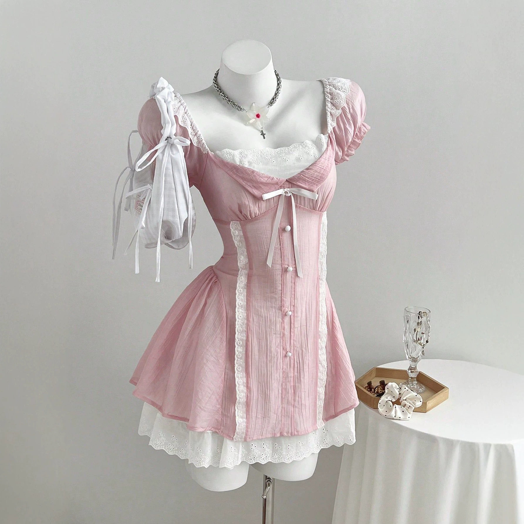 Mini Dress Color Block Puff Sleeves Bow Tie Detail Waist Cinching Casual Wear for Women Ready to Ship