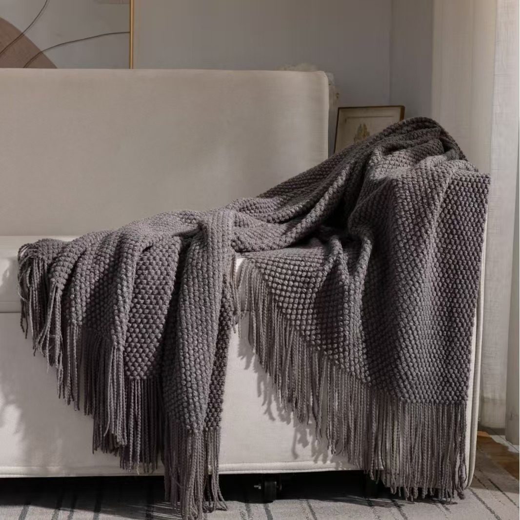 Nordic Solid Color Class A Tassel Blanket Thread Blanket Sofa Blanket Office Nap Blanket Air-conditioning Blanket Bed End Towel Knitted Blanket