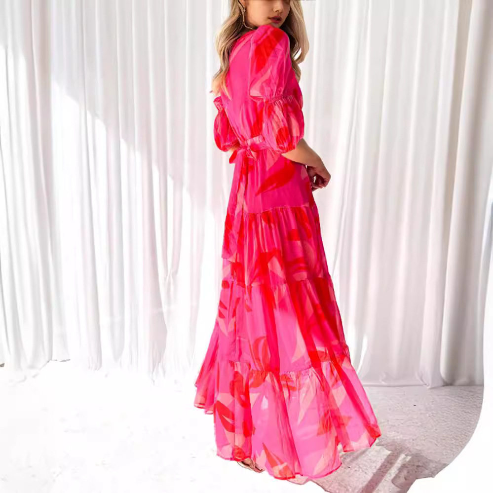 Summer Floral Print V Neck Dress Waist Defining Elegant Style Perfect for Casual Outings or Parties Wholesale