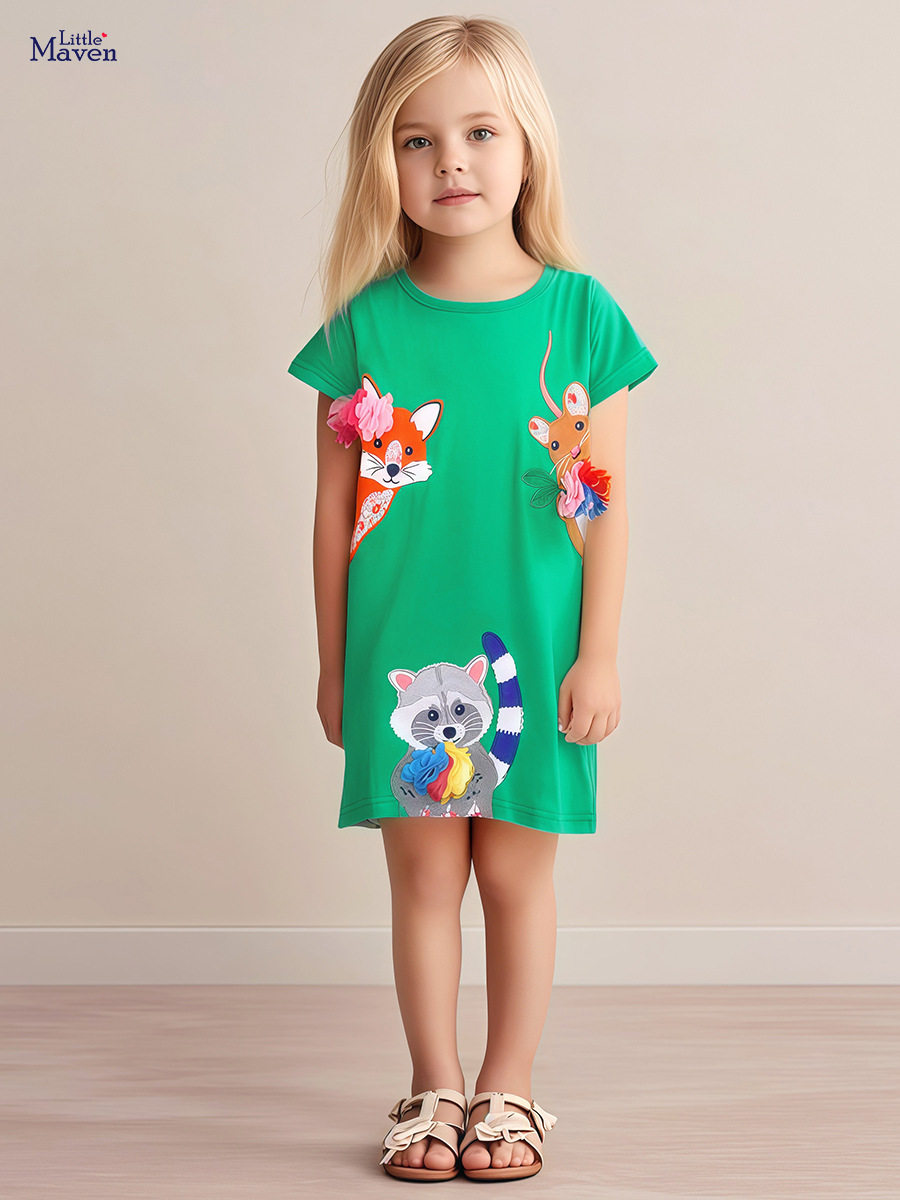 Girls' Summer Cartoon Short-Sleeve Dress Wholesale from Source Factory, Applique Kids' Dress