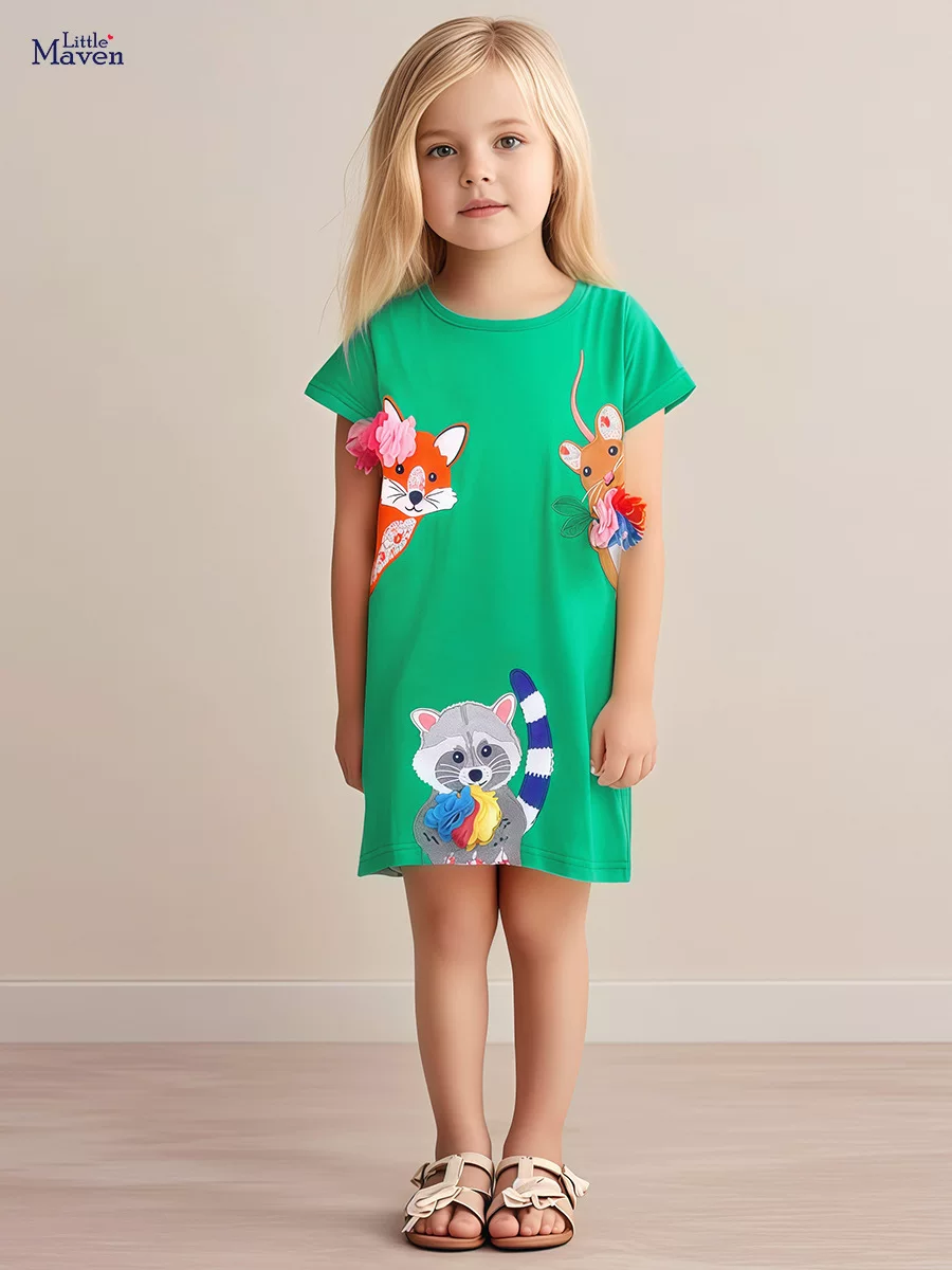 Girls' Summer Cartoon Short-Sleeve Dress Wholesale from Source Factory, Applique Kids' Dress