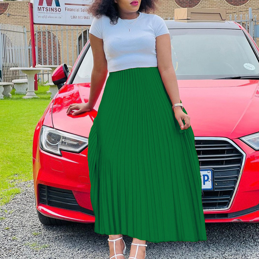 Plus Size Womens Long Pleated Skirt Solid Color High Waist Flared Design Autumn Fashion for Casual Wear Wholesale