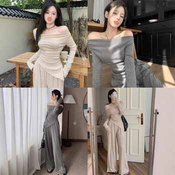 High-End Elegant Suit One-Shoulder Long-Sleeved Top Spring and Autumn Lazy Style Wide-Leg Pants Irregular Two-Piece Suit for Women