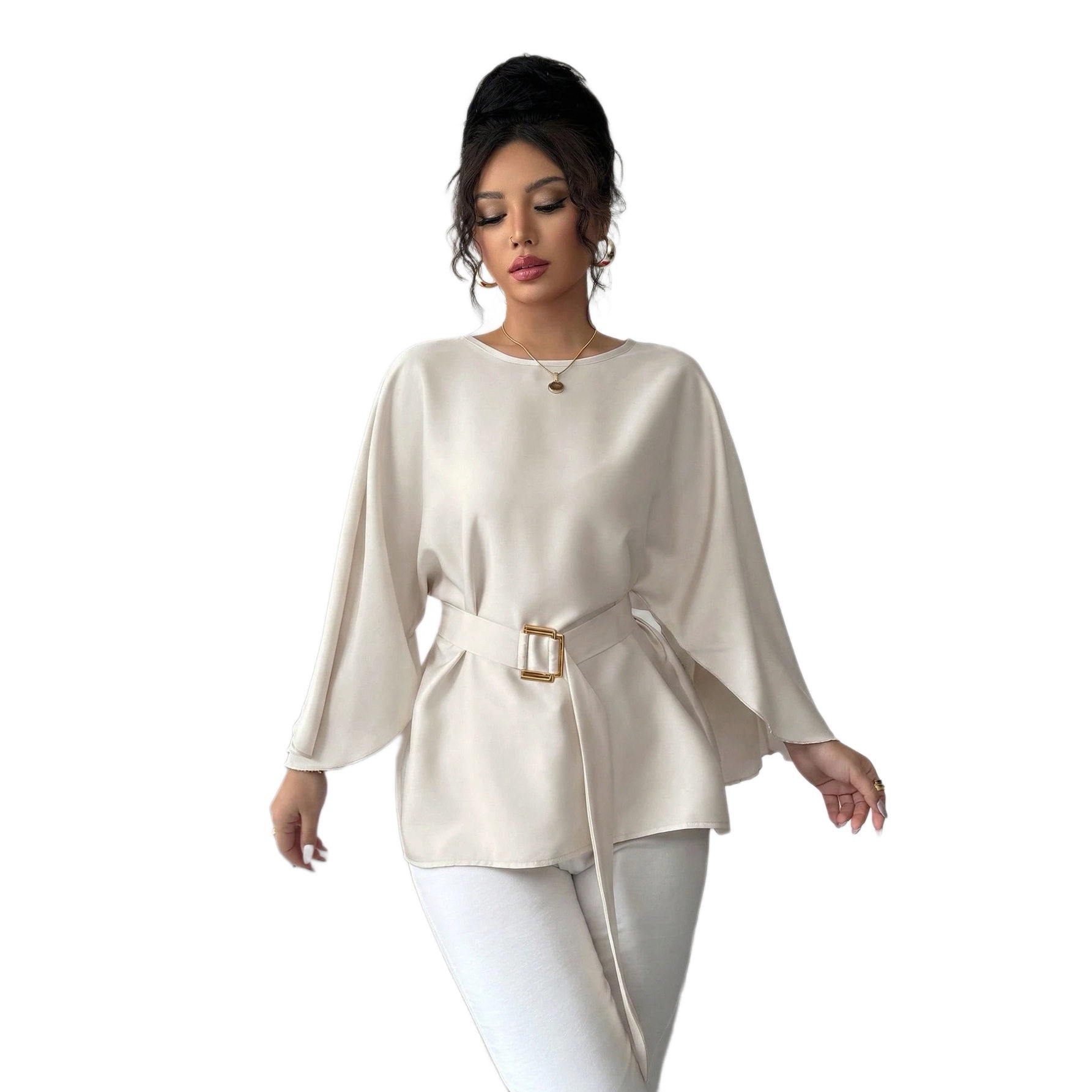 French Style Womens Blouse Soft Apricot Color Round Neck Waist Defining Slim Fit Elegant Casual Wear Wholesale