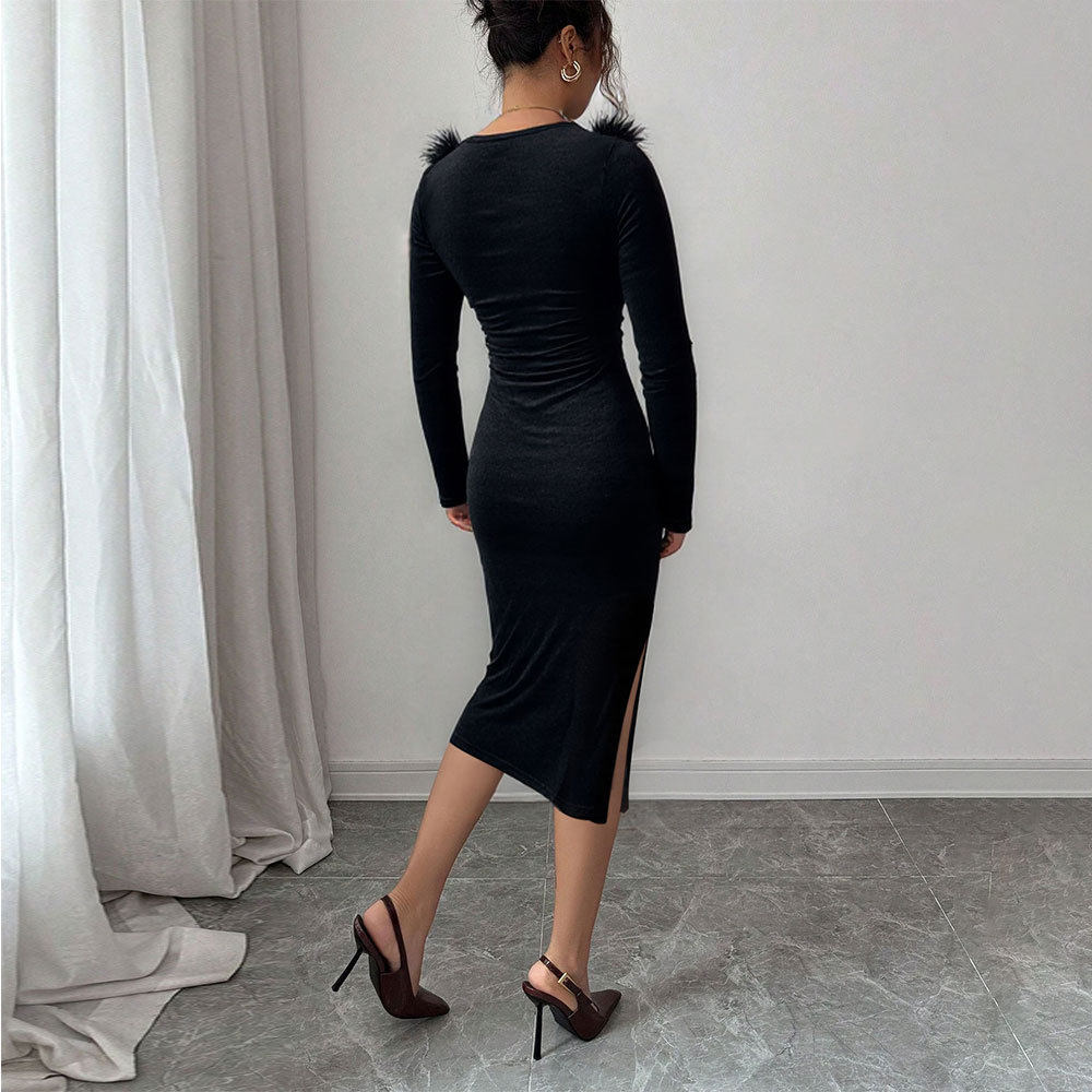 Black Plush Collar Long Dress for Women Slim Fit Side Split Elegant Style Perfect for Spring Summer Evening Events