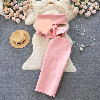 Palace Style Dress suit Sexy off-shoulder Strap Tight Waist Lotus Leaf Top All-match Half-length Skirt Two-piece Set