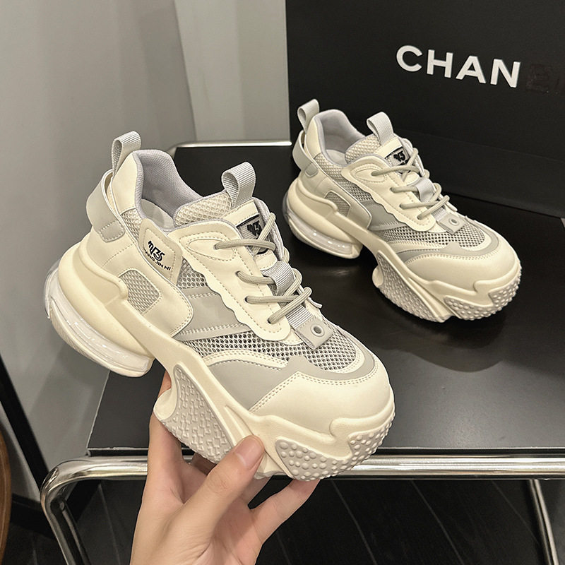 Giày sneaker nữ chunky đế dày da bò thật phối lưới thoáng khí, gót siêu cao 8 cm, tăng chiều cao — Trắng, đen, Xám, Hồng