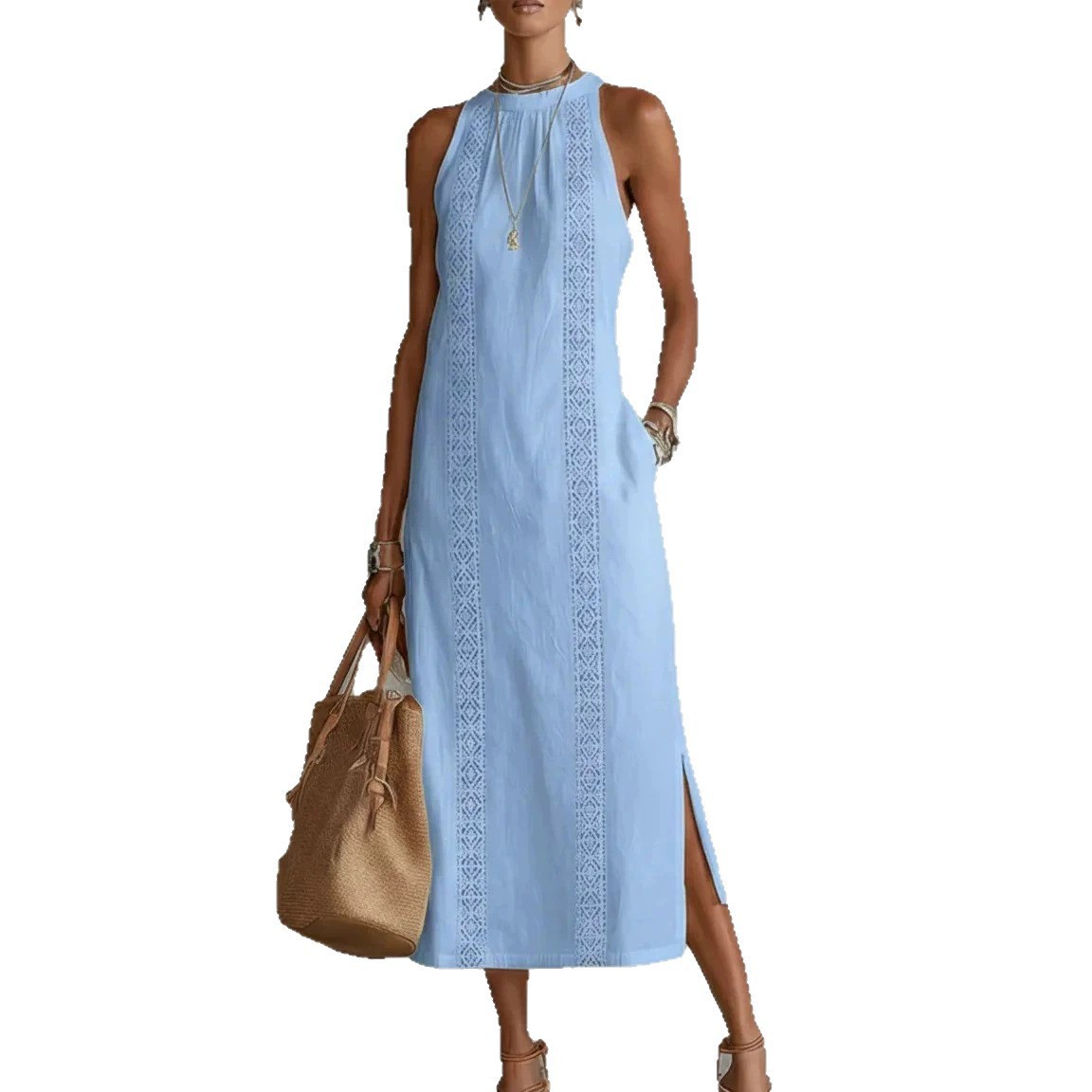 Summer Womens Dress Loose Fit Solid Color Waist Defined Long Length Beach Vacation Style Wholesale Available
