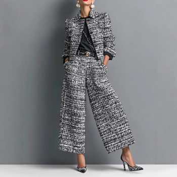 2025 Cross-Border European and American New Style Lapel Slim Women's European and American Style Long-Sleeved Short Jacket with Wide-Leg Pants Suit
