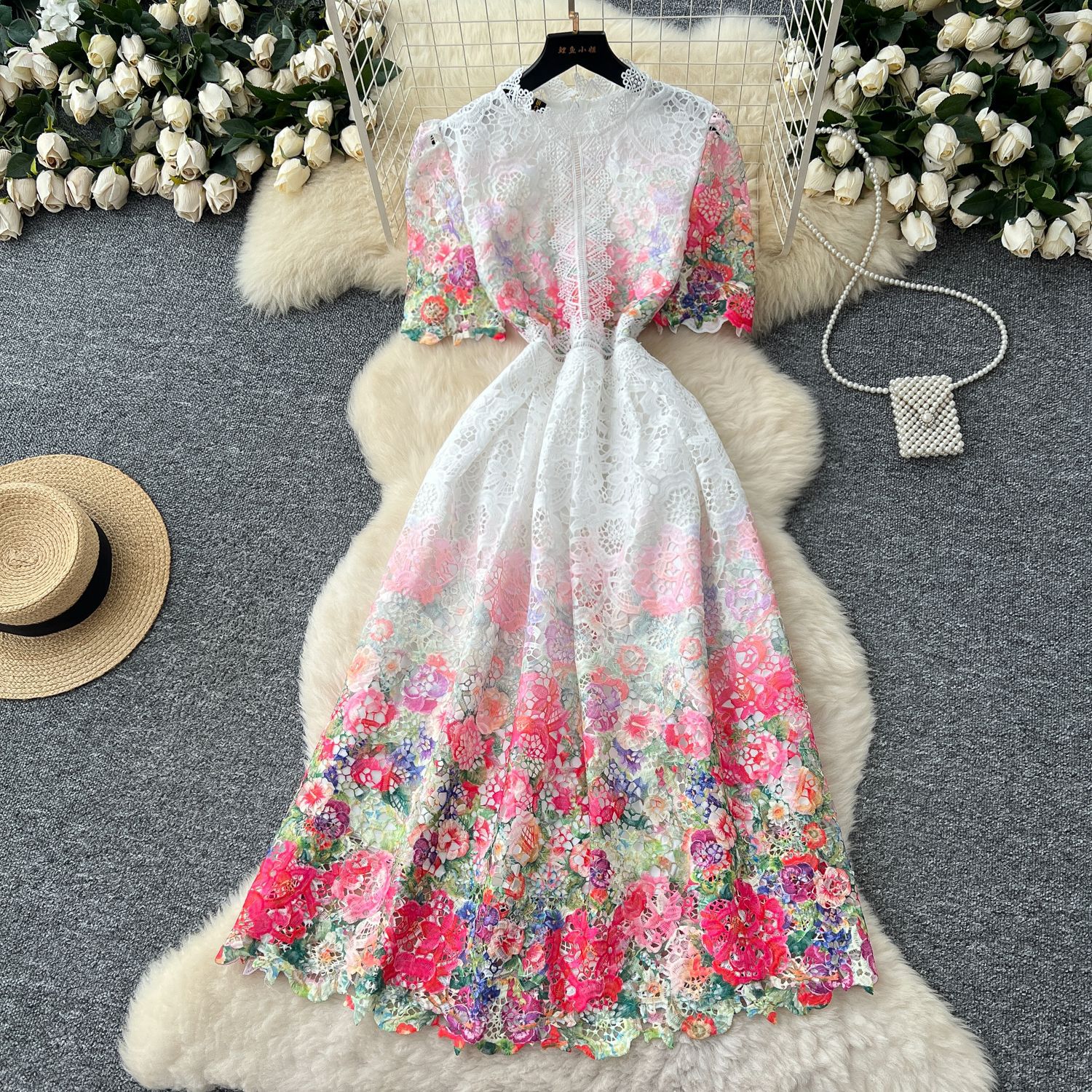 Elegant French Style Gradient Print Dress for Women Summer Hollow Out Lace Details Long Length Perfect for Formal