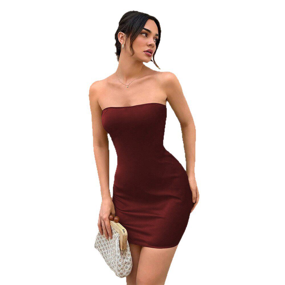 Satin Bodycon Dress Solid Color Off Shoulder Backless Slim Fit Evening Party Wear Wholesale Available