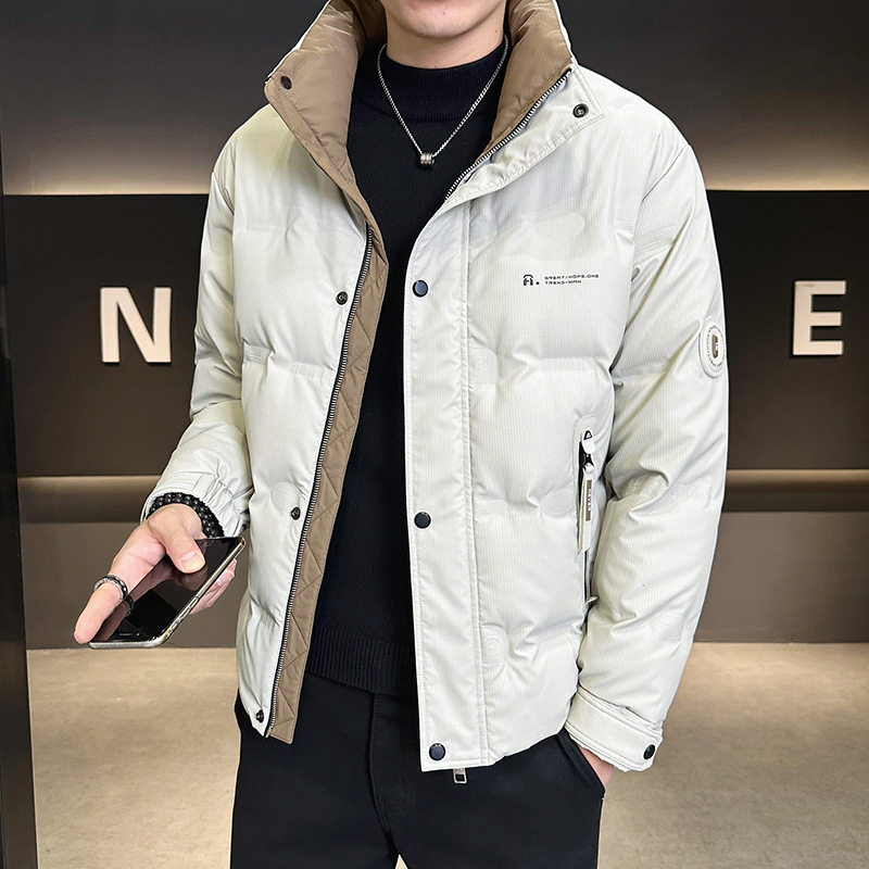 New Men's Stand Collar Winter 2025 Short Color-Block Korean Version Thickened down Jacket Warm Casual Trendy Black