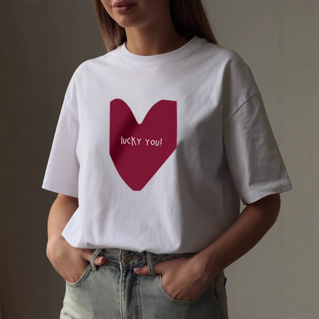 Womens Summer Heart Print T Shirt Casual Loose Fit Round Neck Short Sleeve 100 Cotton Versatile Everyday Wear