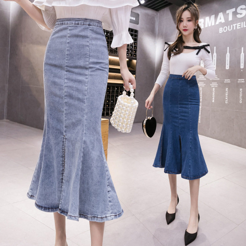 High Waisted Denim Midi Skirt Ruffled Hem Bodycon Fit Stretch Fabric Spring and Autumn Fashion Wholesale Available