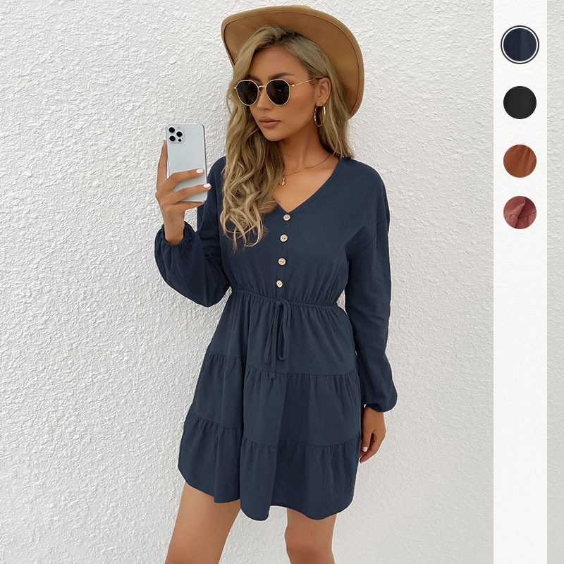Casual Long Sleeve Dress Solid Color Slim Fit Pleated Design Autumn Winter Fashion Wholesale Available