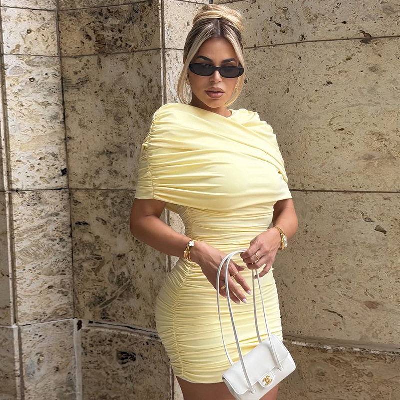 Summer Casual Solid Color Ruched Bodycon Dress Mid Waist Short Length Stylish Fit Perfect for Parties or Everyday