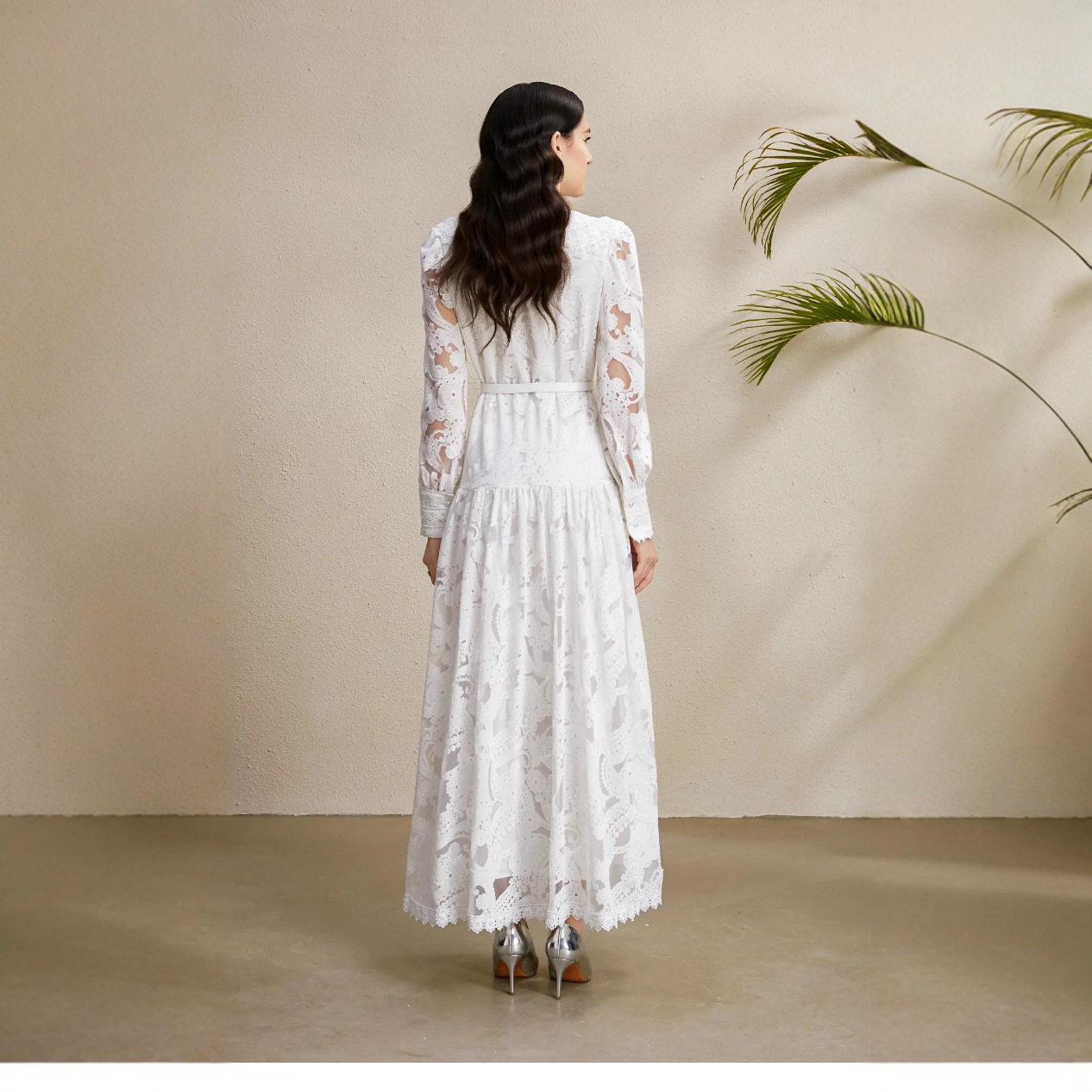 French Style Lantern Sleeve Dress for Women Autumn Sheer Mesh Hollow Out Ruffle Hem Waist Defined Long Gown