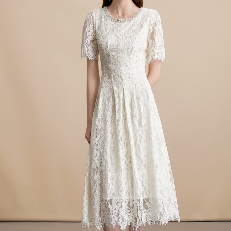 French Elegant Beaded Lace Dress Short Sleeve Round Neck Slim Fit High Quality Fabric Cocktail Party or Evening