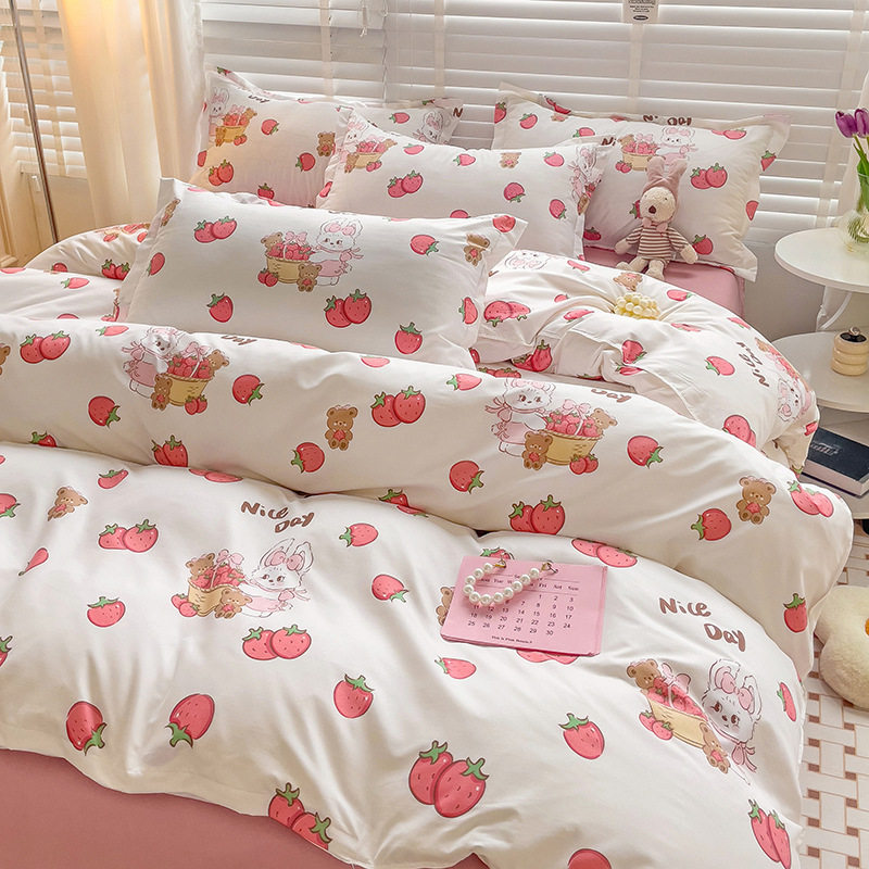 Fresh Style Washed Cotton Four-piece Bedding Bed Sheet Quilt Cover Korean Style Princess Floral Girl Dormitory Three-piece Set