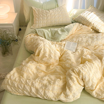 Ins Style Korean Style Seersucker Washed Cotton Bed Four-piece Set Girl's Heart Quilt Cover Bed Sheet Student Dormitory Three-piece Set