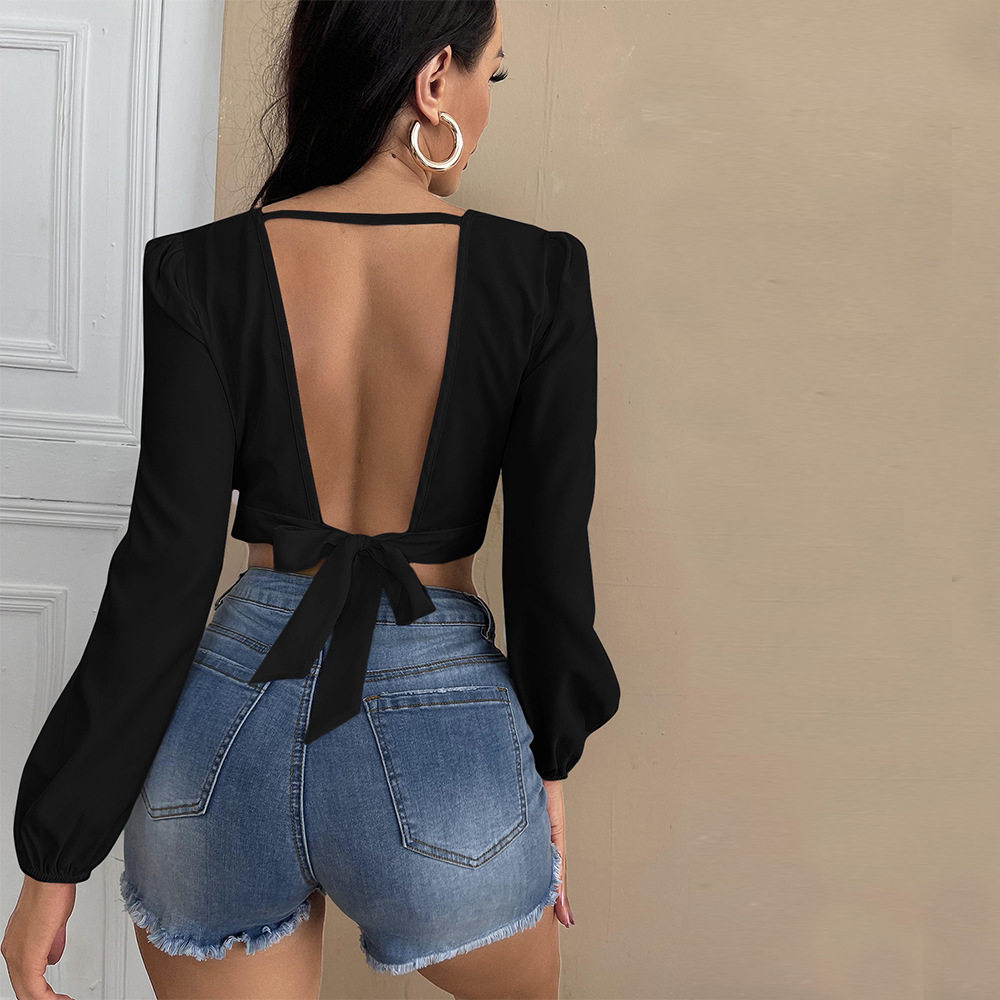 V Neck Long Sleeve T Shirt Sexy Backless Design Versatile Short Style Autumn Winter Womens Fashion Wholesale