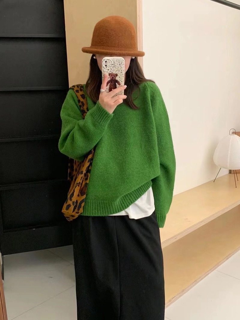 秋冬季圆领皮标糖果色套头毛衣女韩系别致内搭宽松显瘦针织衫上衣