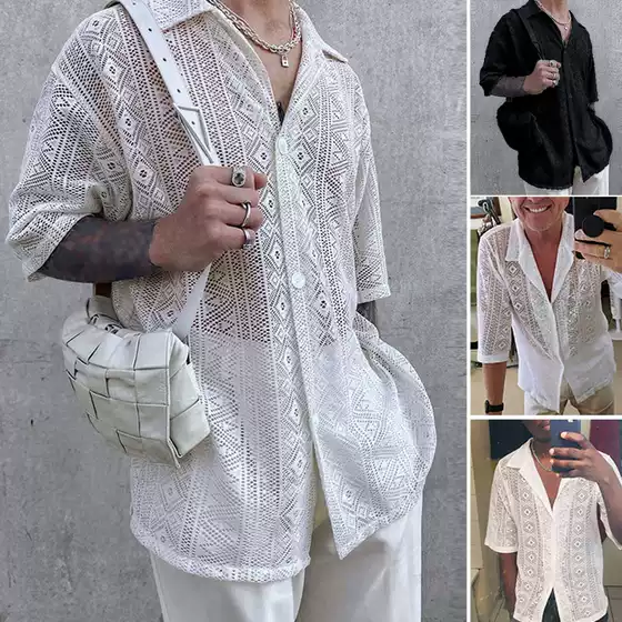 2026 Summer New Solid Color Shirt Foreign Trade Sexy Men's Fashion Mid-Sleeve European and American Style Mesh See-Through Lace Shirt